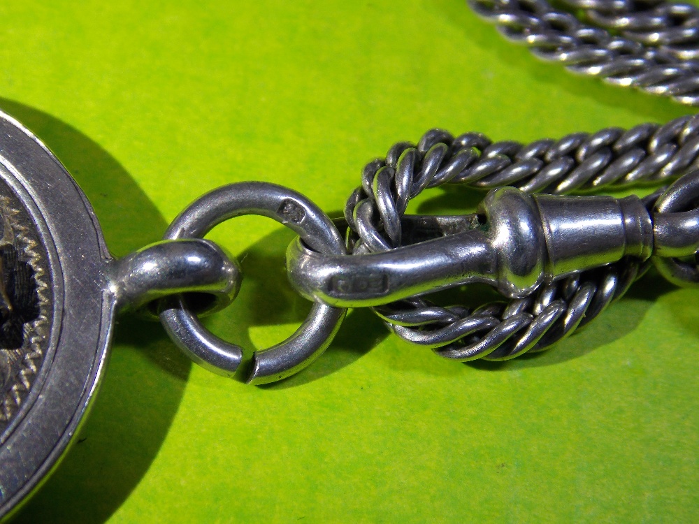 SILVER CIRCULAR DISC MEDALLION WITH SHIELD CARTOUCHE ON SILVER GUARD CHAIN - Image 5 of 5