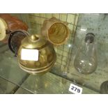 FOUR MOULDED PINK TINGED GLASS FLAMBEAU LIGHT SHADES AND MOUNTS AND BRASS LIPTONS TEA CADDY