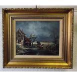 20TH CENTURY DUTCH SCHOOL OIL ON BOARD-SCENE WITH FIGURES AND A BOAT IN A LANDSCAPE MONOGRAMMED