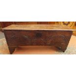 17TH CENTURY OAK SIX PLANK CHEST WITH CARVED LUNETTE DETAIL AND INITIALS W.