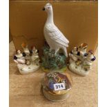 STAFFORDSHIRE FLAT BACK SPILL VASES AND A PRATTWARE UNCLE TOBY POT LID