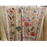PAIR OF SILK EMBROIDERY WORK, CROCHET AND FRINGED BED THROWS,