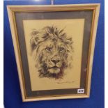 ORIGINAL DONALD GRANT CHARCOAL ON PAPER OF LIONS HEAD SIGNED FG,