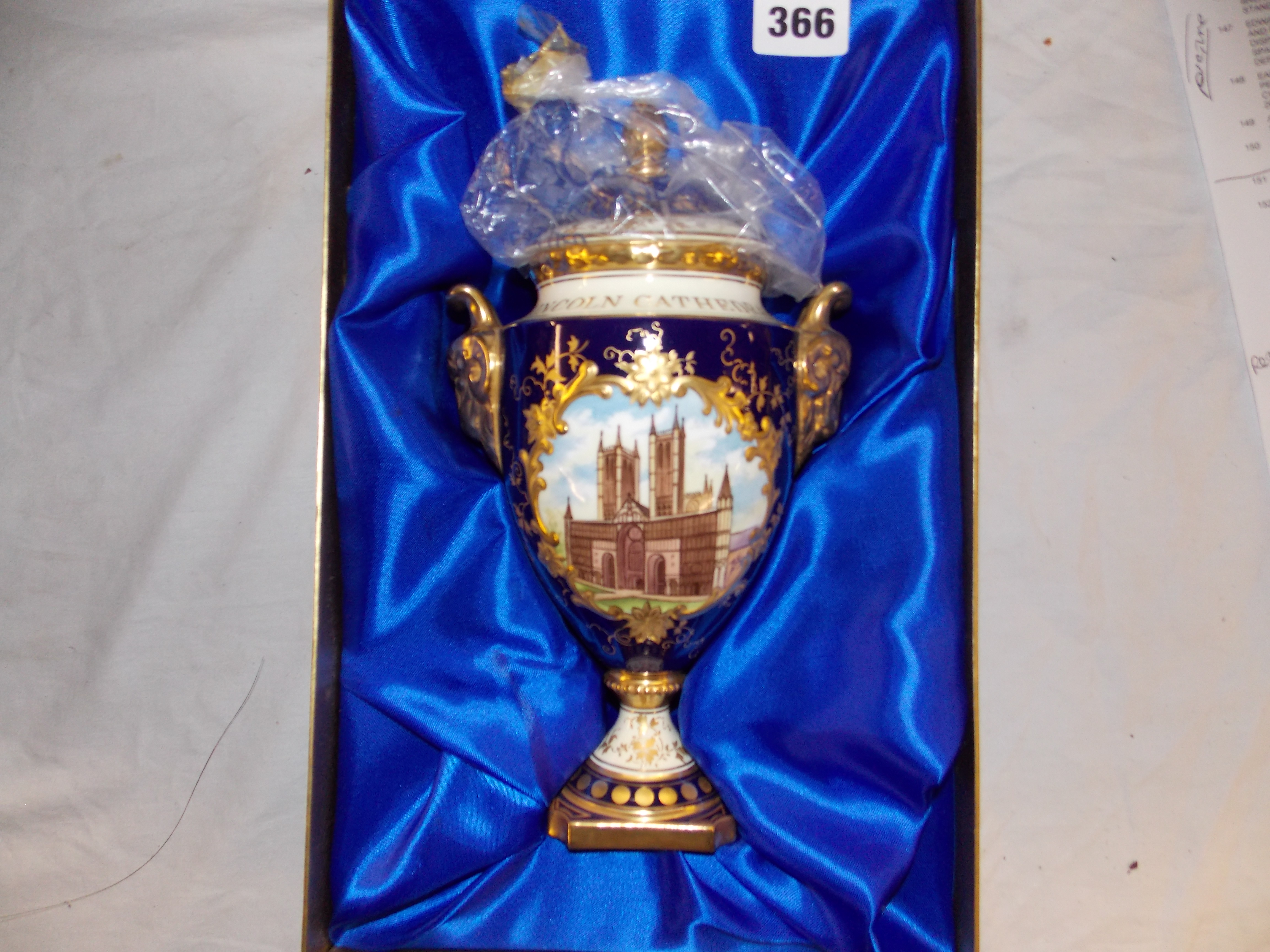 COALPORT BLEU DE ROI AND GILDED LINCOLN CATHEDRAL VASE AND COVER - Image 2 of 3