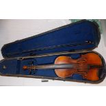 CASED LATE 19TH/EARLY 20TH CENTURY GERMAN VIOLIN WITH CARVED LION HEAD FINIAL WITH BOW A/F