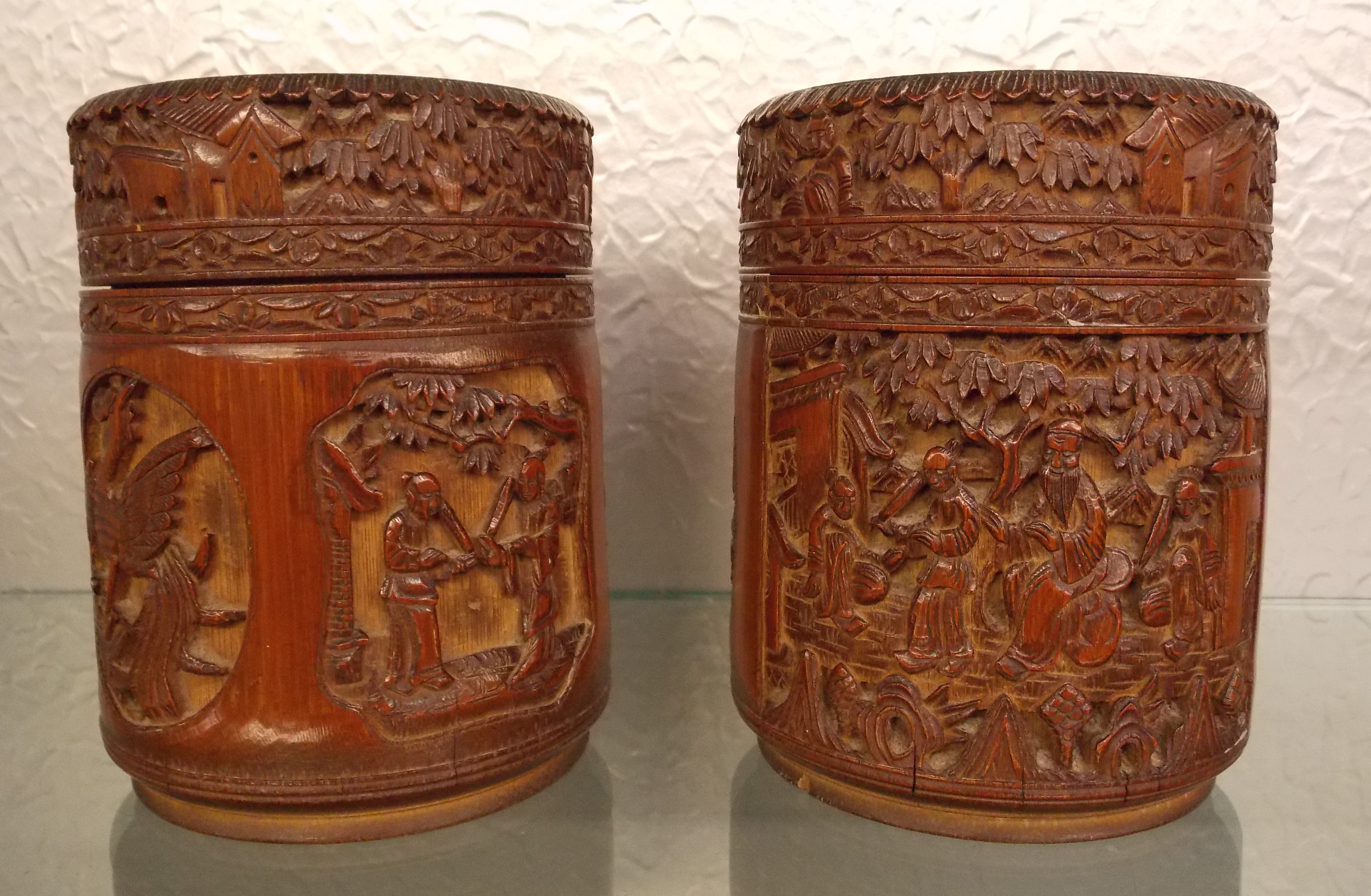 PAIR OF CARVED BAMBOO CYLINDRICAL JARS WITH COVERS A/F HEIGHT 16CM