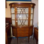 EDWARDIAN MAHOGANY CROSSBANDED AND FOLIATE MARQUETRY INLAID DEMI LUNE DISPLAY CABINET ON TAPERED