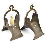 A pair of 19th century Chinese decorative brass stirrups, of traditional form. GC (dark patina)
