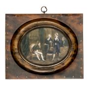 A well executed miniature oval oil painting of Napoleon, in full dress, seated in an armchair and