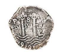 Spanish America AR 8 reales colonial cob coinage, 1616, weight 27.3g, usual irregular shape and