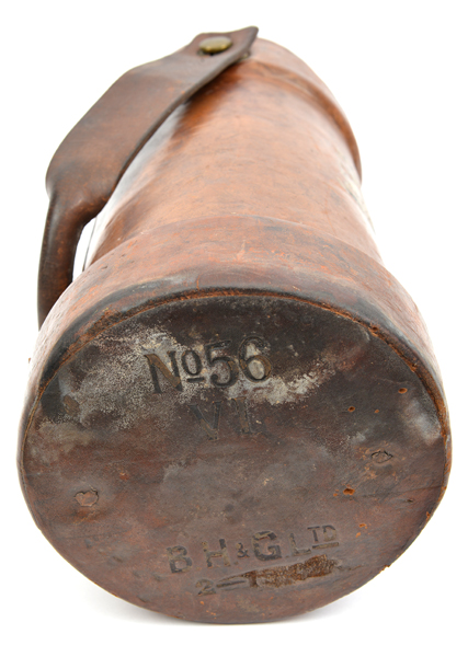 A brown leather shell bucket, with post 1902 R Arms, supporters and motto, carrying handle on - Image 2 of 2