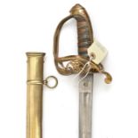 An 1845 pattern infantry field officer’s sword, slightly curved, fullered blade 32” (slightly
