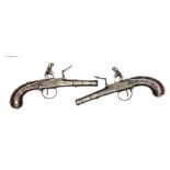A pair of 50 bore cannon barrelled flintlock boxlock pocket pistols by Edge, c 1760, 8” overall,