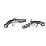 A pair of French 42 bore travelling pistols, c 1770, with percussion breech drum conversions from