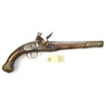 A decorative Turkish 20 bore flintlock holster pistol, 16” overall, barrel 10” with remains of