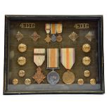 Three: 1914 star with clasp, BWM, Victory (2 Lieut H F Bedwell), with miniatures, GEF-Unc, framed