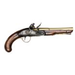 A 24 bore brass barrelled flintlock holster pistol, c 1800, 13½” overall, 2 stage barrel 7¾”, the
