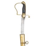 A continental light cavalry officer’s sword c 1800, curved, fullered blade 30”, etched with maker’