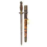 A Chinese shortsword, blade 16”, brass mounted hilt, with swollen lined wooden grip, and