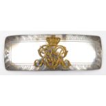 A Vic Hussar officer’s silver plated pouch flap only, engraved border, applied gilt crowned,