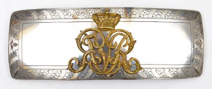 A Vic Hussar officer’s silver plated pouch flap only, engraved border, applied gilt crowned,