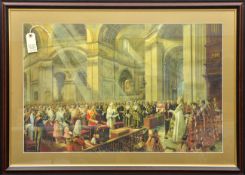 A large coloured print showing the Silver Jubilee thanksgiving service for King George and Queen