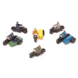 6 Dinky Toys Motorcycles. 2x Civilian (37a), rider in dark green and another in grey, Police (