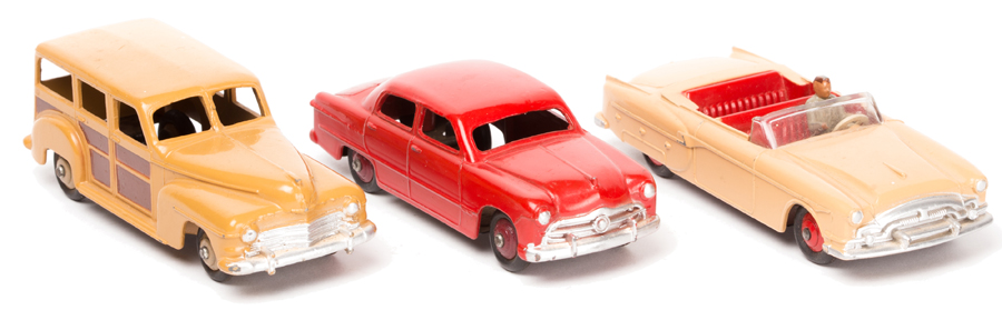 3 Dinky Toys American Cars. Ford Sedan (139a) in red with maroon wheels and black tyres and early