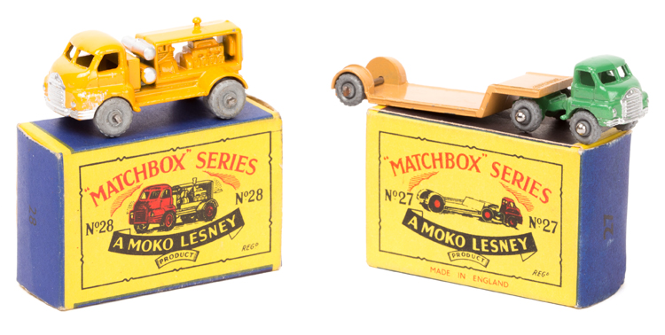 2 Matchbox Series. A No.27 Bedford Low Loader (78mm) with Green tractor unit with silver detailing