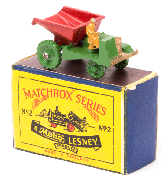 Matchbox Muir Hill Site Dumper No.2. An example in green with red tipping dumper and green painted