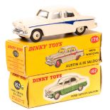 Dinky Toys Austin A105 Saloon (176). In cream with blue flash, windows and black knobbly tyres.