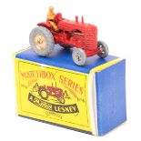 Matchbox Series No.4 Massey-Harris Tractor. In red with gold engine and wheel centres, tan driver,