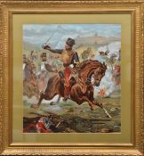A striking coloured lithograph of Lord Cardigan leading the Charge of the Light Brigade, well