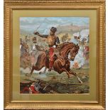 A striking coloured lithograph of Lord Cardigan leading the Charge of the Light Brigade, well