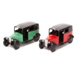 2 Dinky Toys TAXI 36g. An example in red and black and another in light green and black, both with