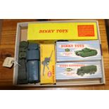 7 Dinky military toys. 25 Pound Field Gun Set No.697, boxed with cardboard insert. Centurion Tank (
