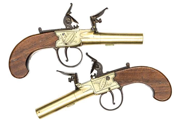 A pair of 70 bore brass barrelled and brass framed flintlock boxlock pocket pistols by T W Field