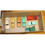 7 Dinky Toys. A Sunbeam Talbot (38b) in red with maroon tonneau, red wheels, screen missing. Riley