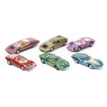 6 Auto Pilen cars. A Porsche Carrera 6 (303) in purple, Mercedes C 111 (321) in metallic green,