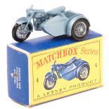 Matchbox Series No.4 Triumph T110 Motorcycle and sidecar. In light metallic blue with silver