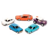 5 Auto Pilen cars. A Seat 600 (335) in white, Renault 17 TS in orange, Renault 5 (349) in blue, Seat