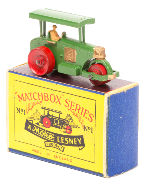 Matchbox Series No.1 Diesel Road Roller. Type 1 dark green with gild detailing, tan driver and red