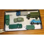 7 Dinky Toys. Bedford CA van ‘Ovaltine’. Austin Devon in mid green. Fordson flatbed wagon with small
