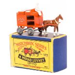 Matchbox Series No.7 Horse Drawn Milk Float. Orange float with white painted driver and crates,