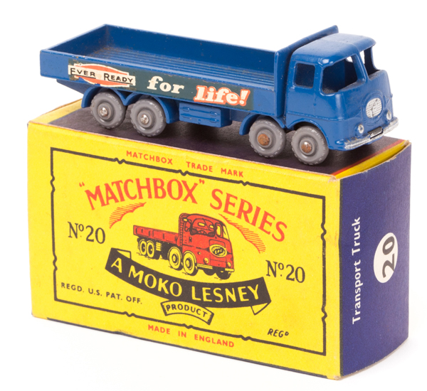 Matchbox Series No.20 ERF 68G Truck. In dark blue with ‘Ever Ready for Life’ decals on each side, an