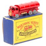 Matchbox Series No.11 ERF Road Tanker. Bright red body with gold radiator and fuel tanks, with ‘