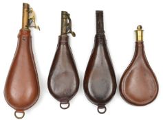 A stout modern leather shot flask, by K. Steggles, spring brass top; 2 other leather shot flasks