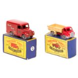 2 Matchbox Series. A No.40 Bedford Tipper in red with cream rear tipping body and grey metal wheels.