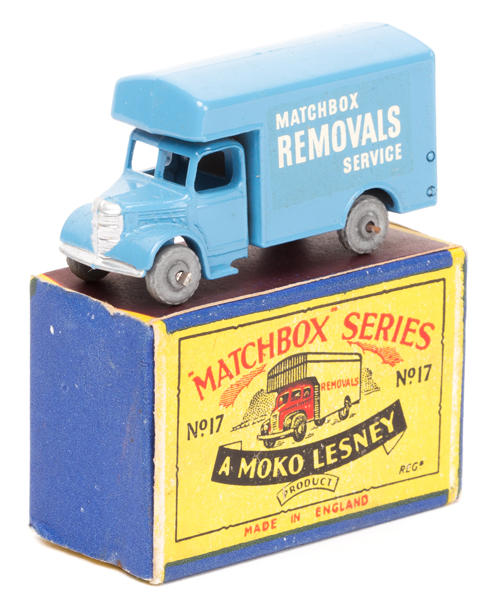 Matchbox Series No.17 Bedford Removal van. A light blue example with silver trim and white