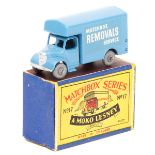 Matchbox Series No.17 Bedford Removal van. A light blue example with silver trim and white